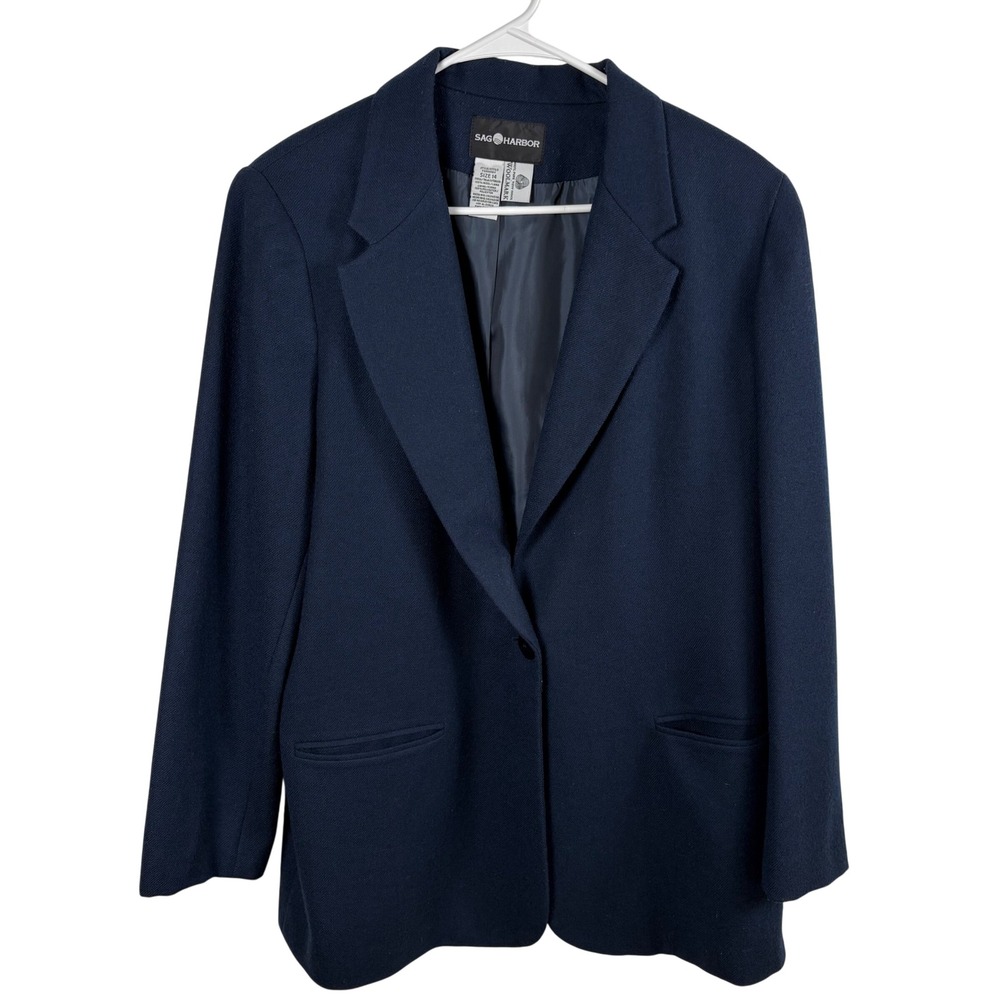 Vtg Sag Harbor Wool Blazer Womens 14 Navy Blue Dark Academia Career Preppy